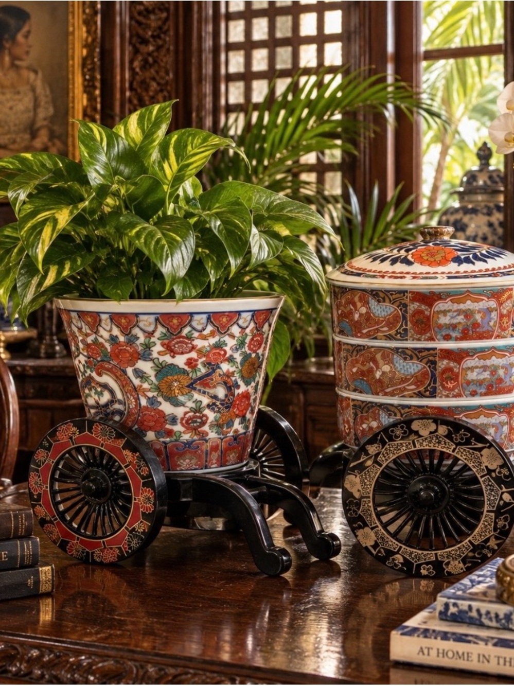 Vintage Imari Style Ceramic Pair with Black Carriage Stands
